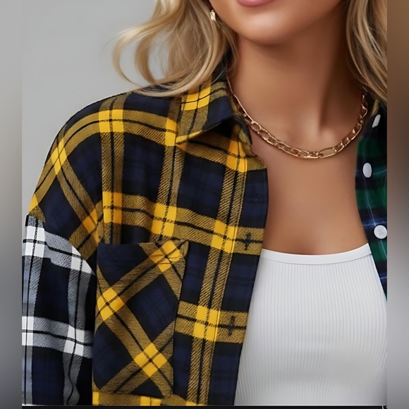 Boyfriend Cotton Color Block Plaid Button Down Shirt - Picture 2 of 6